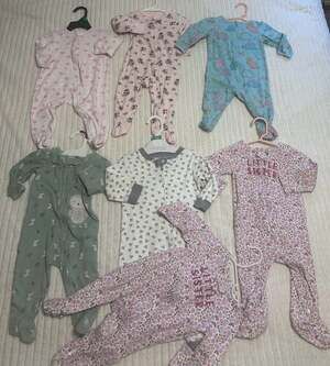 Lot of 7 Baby Girl Sleep and Play Footed Pajamas, Burt's Bees, Carter's, Little
